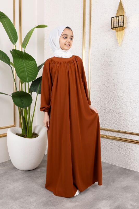Reglan Kol Büzgülü Çocuk Elbise-Kiremit - 4004 - 9