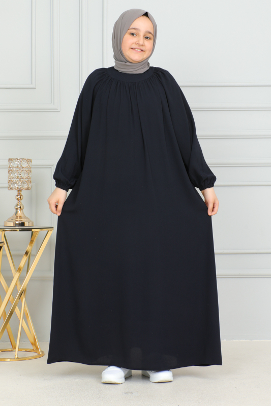 Reglan Kol Büzgülü Çocuk Elbise Lacivert - 4004 - 11