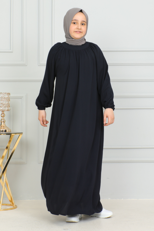 Reglan Kol Büzgülü Çocuk Elbise Lacivert - 4004 - 14