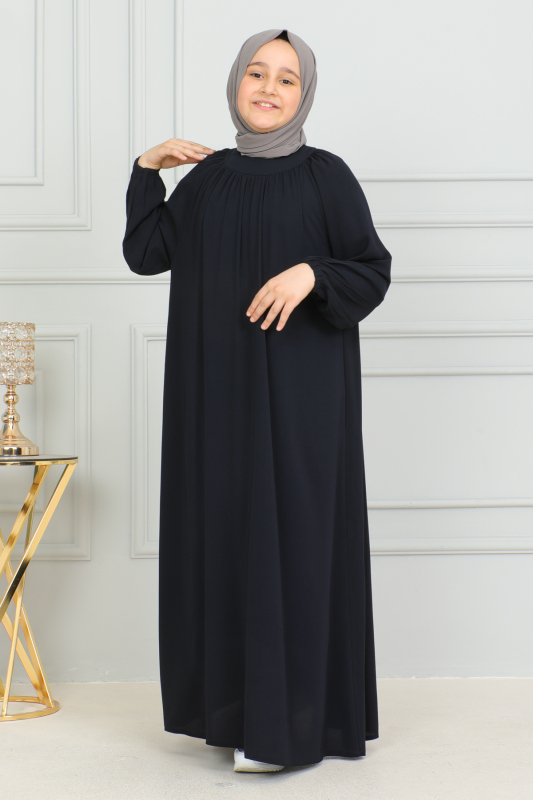 Reglan Kol Büzgülü Çocuk Elbise Lacivert - 4004 - 17