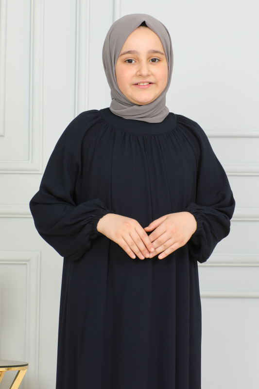 Reglan Kol Büzgülü Çocuk Elbise Lacivert - 4004 - 18