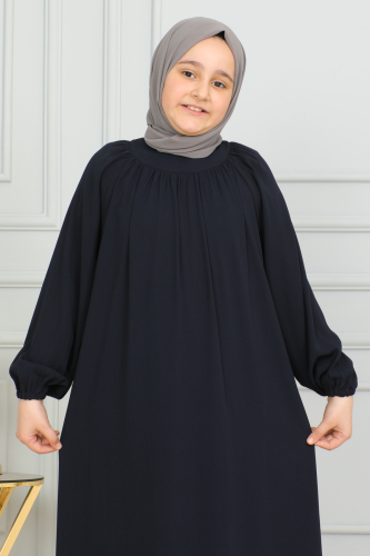 Reglan Kol Büzgülü Çocuk Elbise Lacivert - 4004 - 19