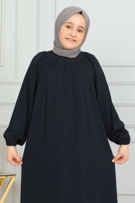 Reglan Kol Büzgülü Çocuk Elbise Lacivert - 4004 - 19