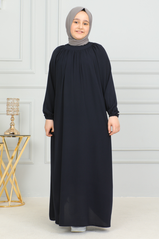 Reglan Kol Büzgülü Çocuk Elbise Lacivert - 4004 - 5