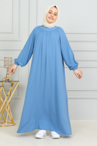 Reglan Kol Büzgülü Çocuk Elbise Mavi - 4004 - Kadeem Giyim
