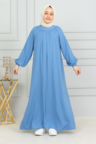 Reglan Kol Büzgülü Çocuk Elbise Mavi - 4004 - Kadeem Giyim (1)