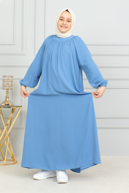 Reglan Kol Büzgülü Çocuk Elbise Mavi - 4004 - 3