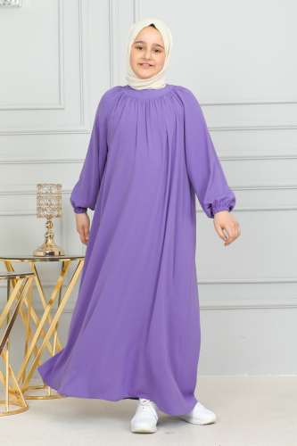 Reglan Kol Büzgülü Çocuk Elbise Mor - 4004 - Kadeem Giyim (1)