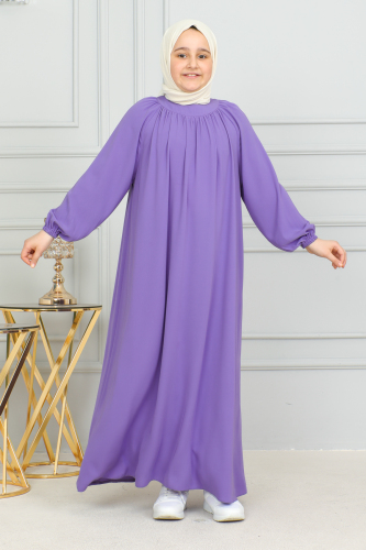Reglan Kol Büzgülü Çocuk Elbise Mor - 4004 