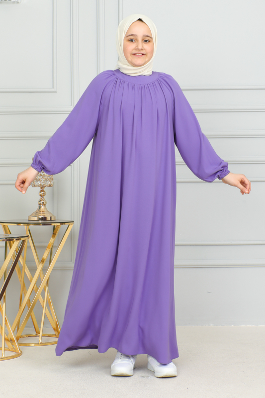 Reglan Kol Büzgülü Çocuk Elbise Mor - 4004 - 1