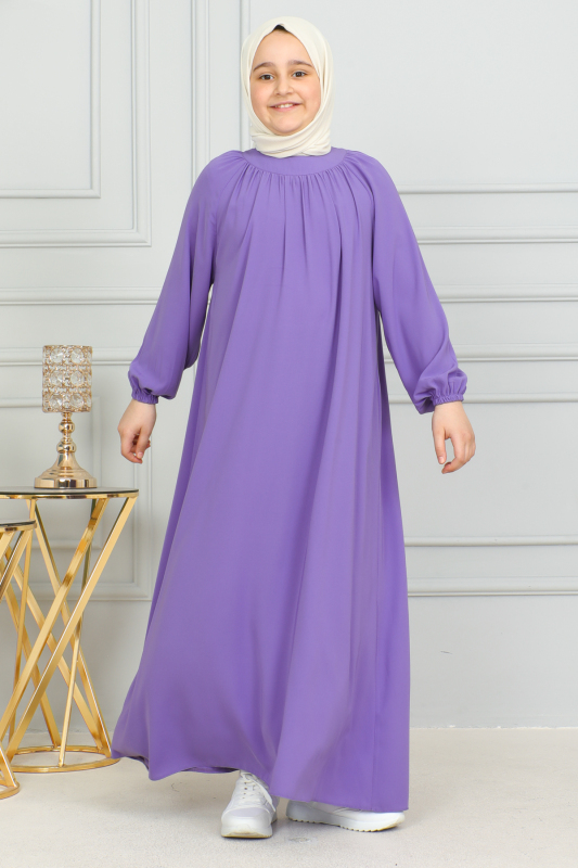 Reglan Kol Büzgülü Çocuk Elbise Mor - 4004 - 3