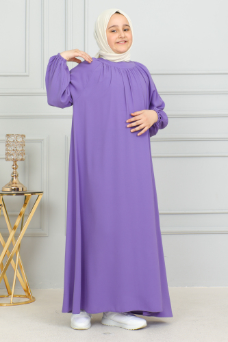 Reglan Kol Büzgülü Çocuk Elbise Mor - 4004 - 4