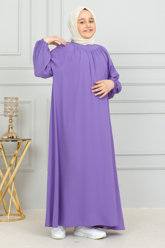 Reglan Kol Büzgülü Çocuk Elbise Mor - 4004 - 4