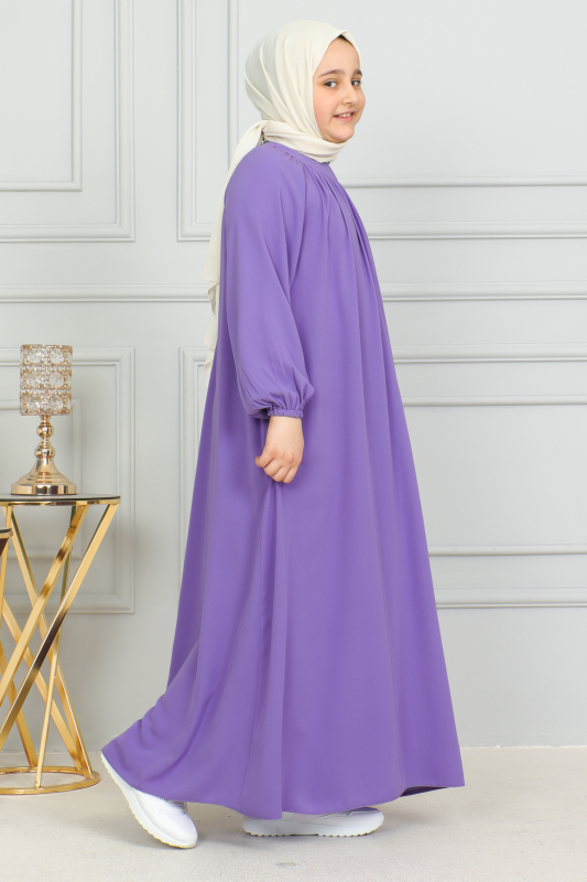 Reglan Kol Büzgülü Çocuk Elbise Mor - 4004 - 6