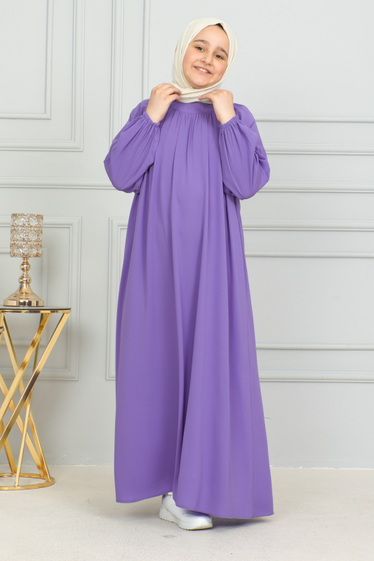 Reglan Kol Büzgülü Çocuk Elbise Mor - 4004 - 7