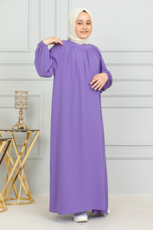 Reglan Kol Büzgülü Çocuk Elbise Mor - 4004 - 8