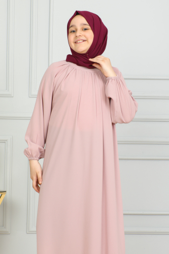 Reglan Kol Büzgülü Çocuk Elbise Pudra - 4004 - Kadeem Giyim