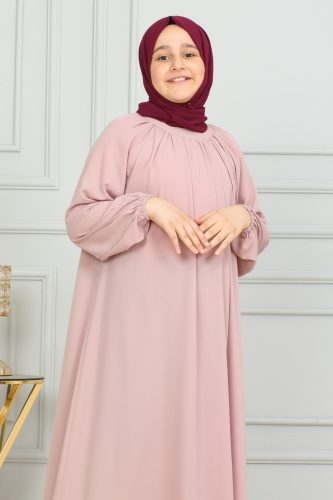 Reglan Kol Büzgülü Çocuk Elbise Pudra - 4004 - Kadeem Giyim (1)