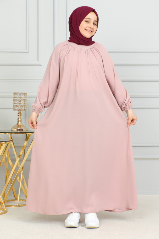 Reglan Kol Büzgülü Çocuk Elbise Pudra - 4004 - 5