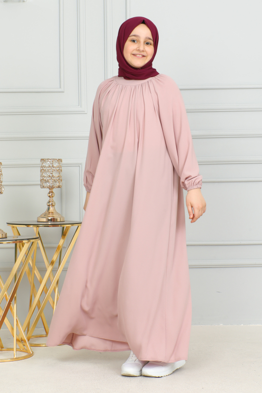 Reglan Kol Büzgülü Çocuk Elbise Pudra - 4004 - 9