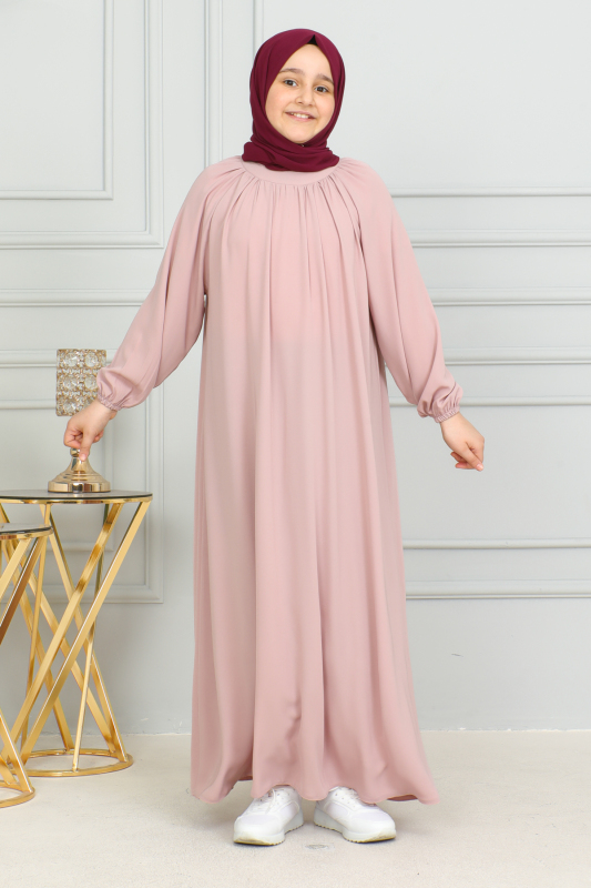 Reglan Kol Büzgülü Çocuk Elbise Pudra - 4004 - 10