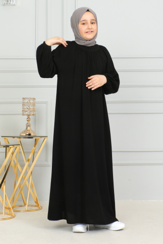 Reglan Kol Büzgülü Çocuk Elbise Siyah - 4004 - Kadeem Giyim