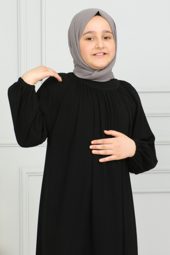 Reglan Kol Büzgülü Çocuk Elbise Siyah - 4004 - Kadeem Giyim (1)