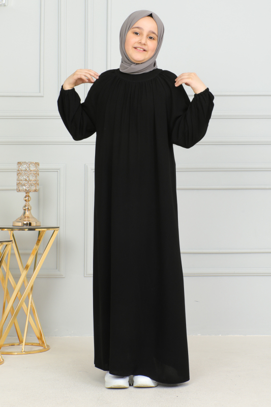 Reglan Kol Büzgülü Çocuk Elbise Siyah - 4004 - 10