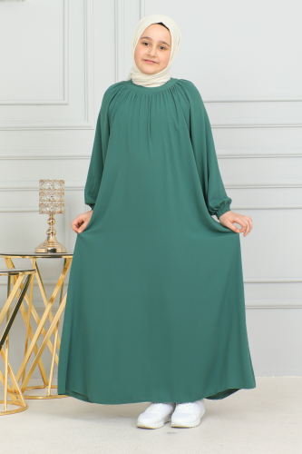 Reglan Kol Büzgülü Çocuk Elbise Yeşil - 4004 - Kadeem Giyim