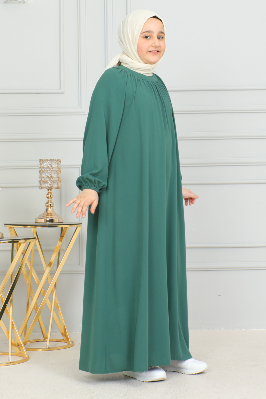 Reglan Kol Büzgülü Çocuk Elbise Yeşil - 4004 - 7