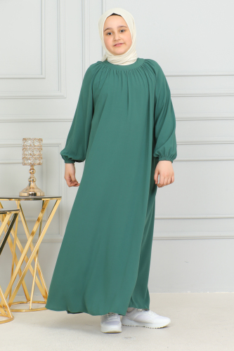 Reglan Kol Büzgülü Çocuk Elbise Yeşil - 4004 - 8