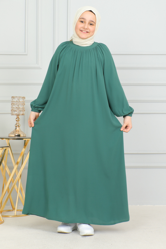 Reglan Kol Büzgülü Çocuk Elbise Yeşil - 4004 - 9