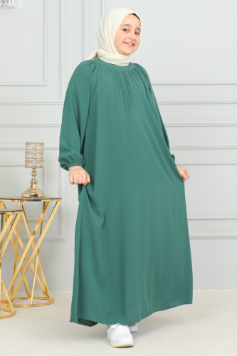 Reglan Kol Büzgülü Çocuk Elbise Yeşil - 4004 - 10