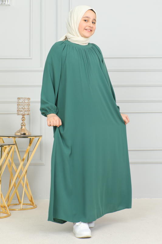 Reglan Kol Büzgülü Çocuk Elbise Yeşil - 4004 - 10