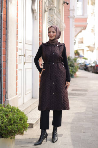 Şirin Kapüşonlu Kapitone Yelek Kahverengi - 7005 