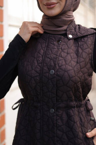 Şirin Kapüşonlu Kapitone Yelek Kahverengi - 7005 - 9