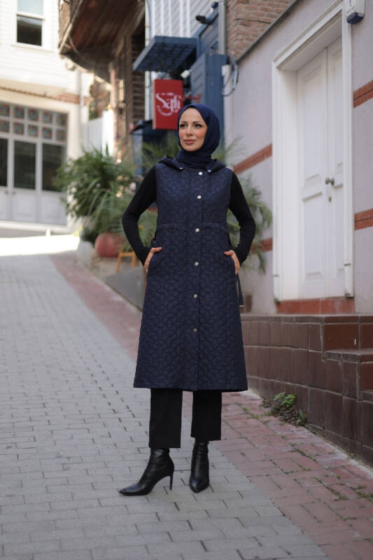 Şirin Kapüşonlu Kapitone Yelek Lacivert - 7005 - 1