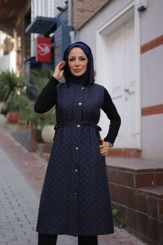Şirin Kapüşonlu Kapitone Yelek Lacivert - 7005 - 2