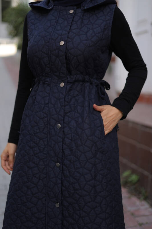 Şirin Kapüşonlu Kapitone Yelek Lacivert - 7005 - 6