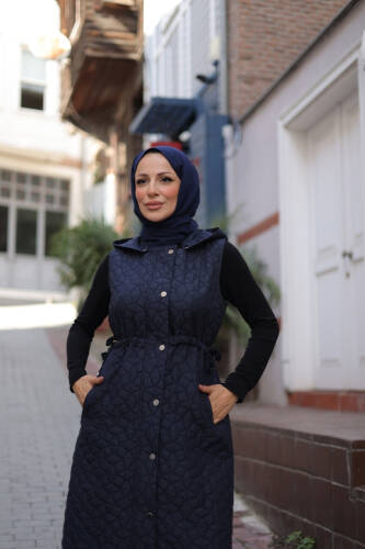 Şirin Kapüşonlu Kapitone Yelek Lacivert - 7005 - 7