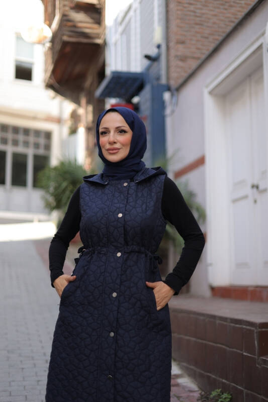 Şirin Kapüşonlu Kapitone Yelek Lacivert - 7005 - 7