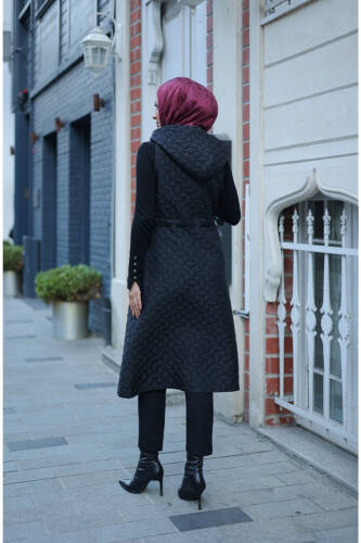 Şirin Kapüşonlu Kapitone Yelek Siyah - 7005 - 5