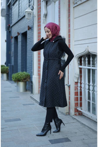 Şirin Kapüşonlu Kapitone Yelek Siyah - 7005 - 6