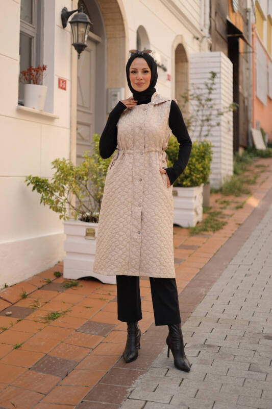 Şirin Kapüşonlu Kapitone Yelek Taş - 7005 - 1