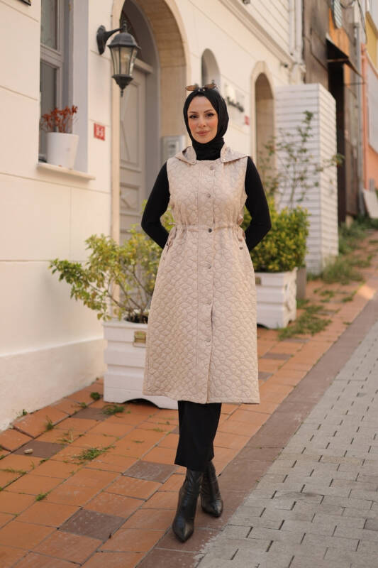 Şirin Kapüşonlu Kapitone Yelek Taş - 7005 - 7