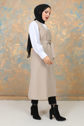uzun yelek kemerli -TRENÇKOT Bej - 10002 - Kadeem Giyim (1)