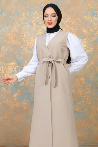 uzun yelek kemerli -TRENÇKOT Bej - 10002 - 3