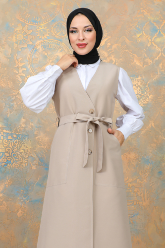 uzun yelek kemerli -TRENÇKOT Bej - 10002 - 4