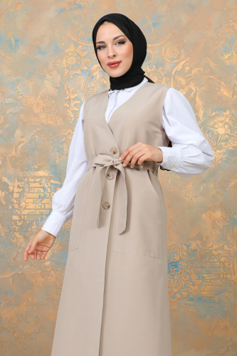 uzun yelek kemerli -TRENÇKOT Bej - 10002 - 6