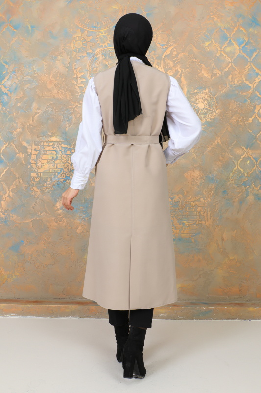 uzun yelek kemerli -TRENÇKOT Bej - 10002 - 7